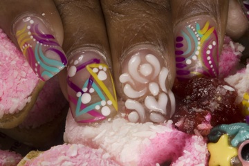 Helen Maurene Cooper, Junk nails on jam with Mexican cookie, Archival pigment print, 40x26 in, 2009