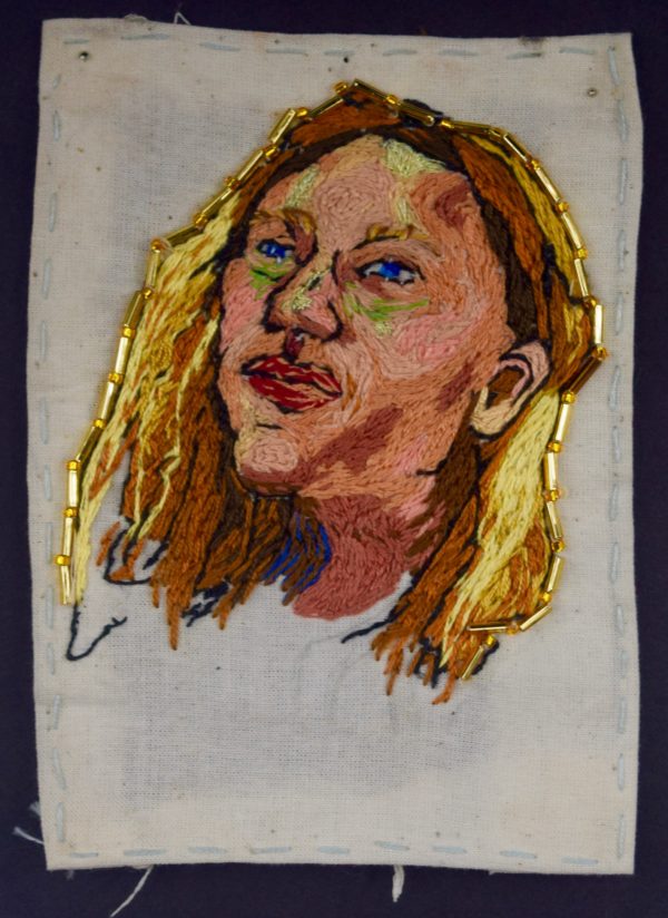 Gabriella Fleming, Self Portrait, Embroidery on Cloth, 5h x 4w, $150