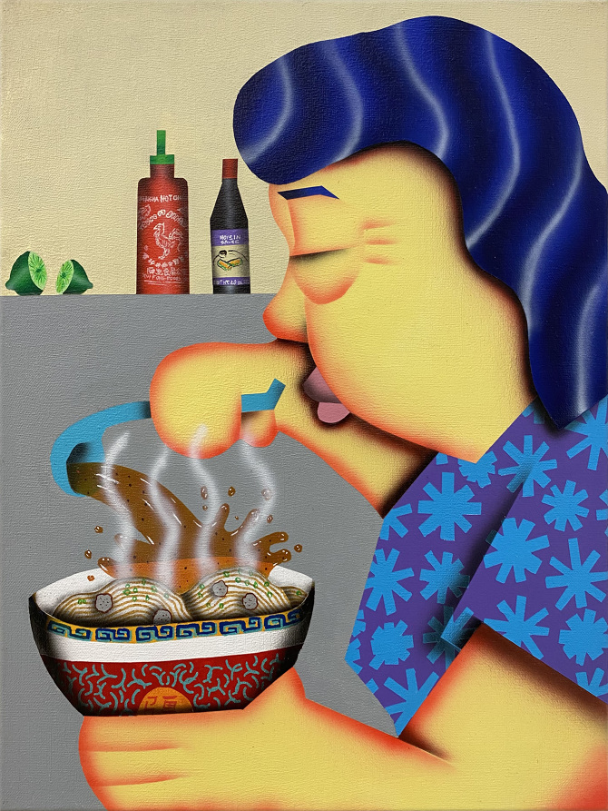 Loc Huynh, Mom Making Pho, 2021. Acrylic on Linen, 20 x 16 in.